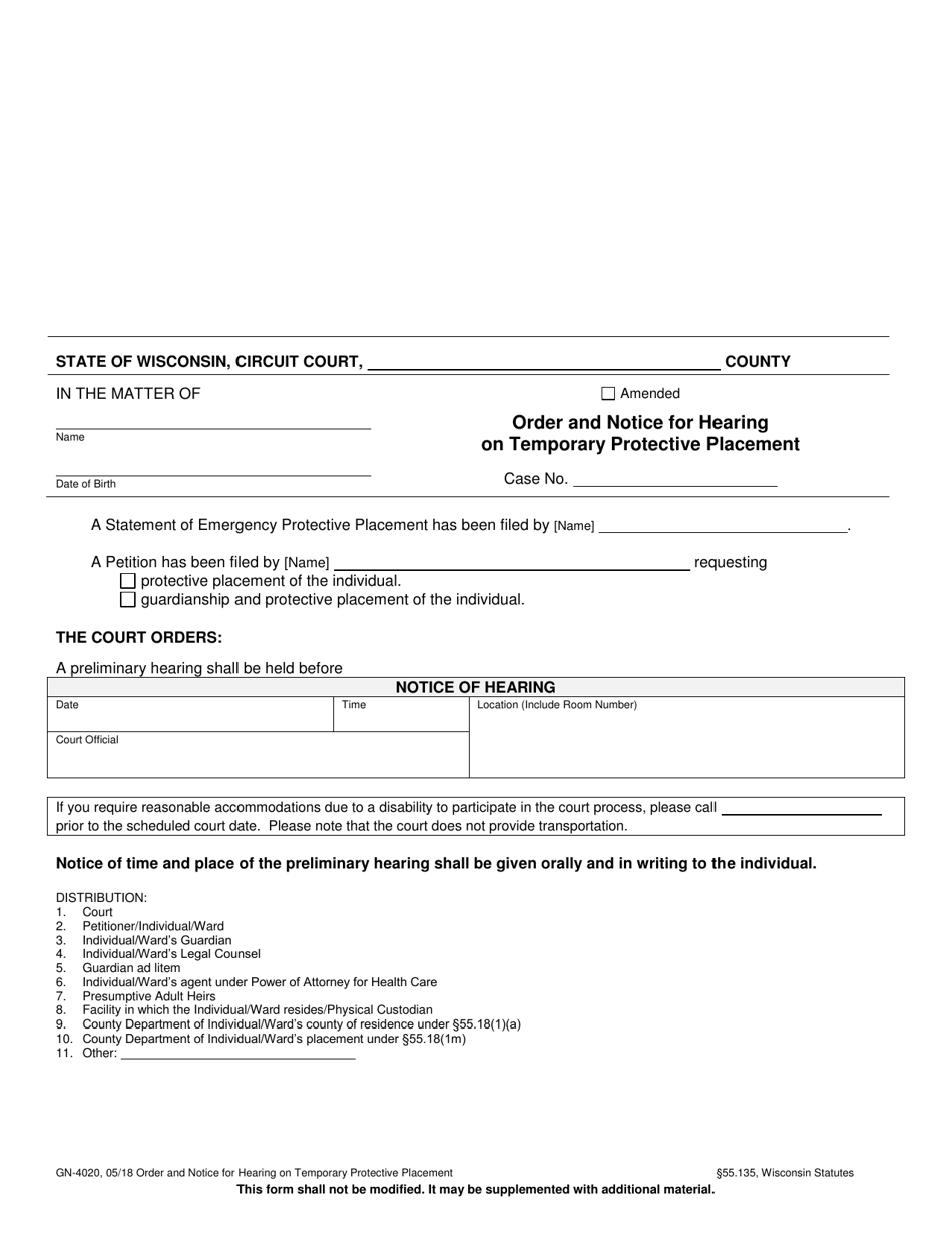 Form GN-4020 Order and Notice for Hearing on Temporary Protective Placement - Wisconsin, Page 1