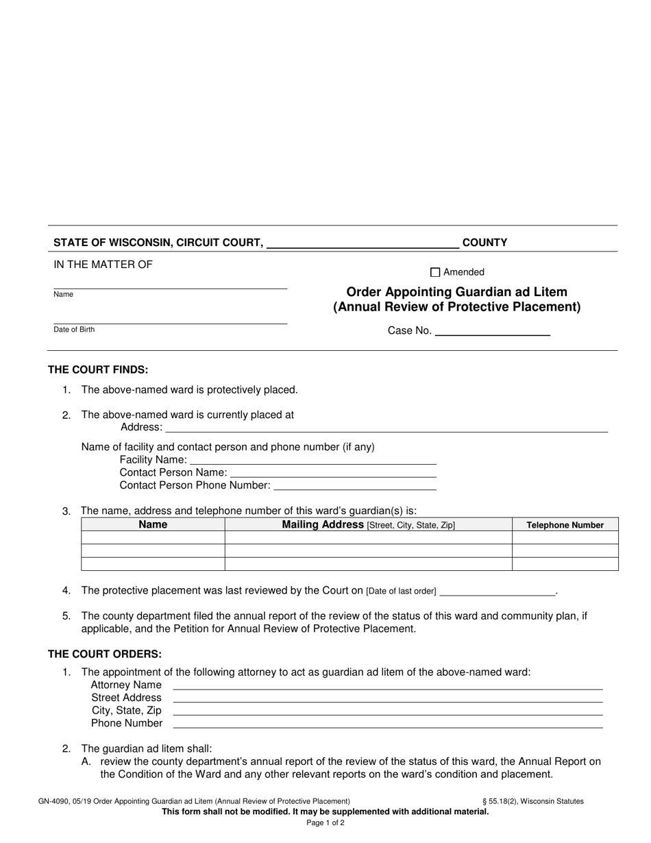 Form GN-4090 Order Appointing Guardian Ad Litem (Annual Review of Protective Placement) - Wisconsin, Page 1