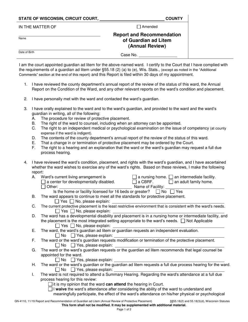 Form GN-4110 Report and Recommendation of Guardian Ad Litem (Annual Review) - Wisconsin, Page 1