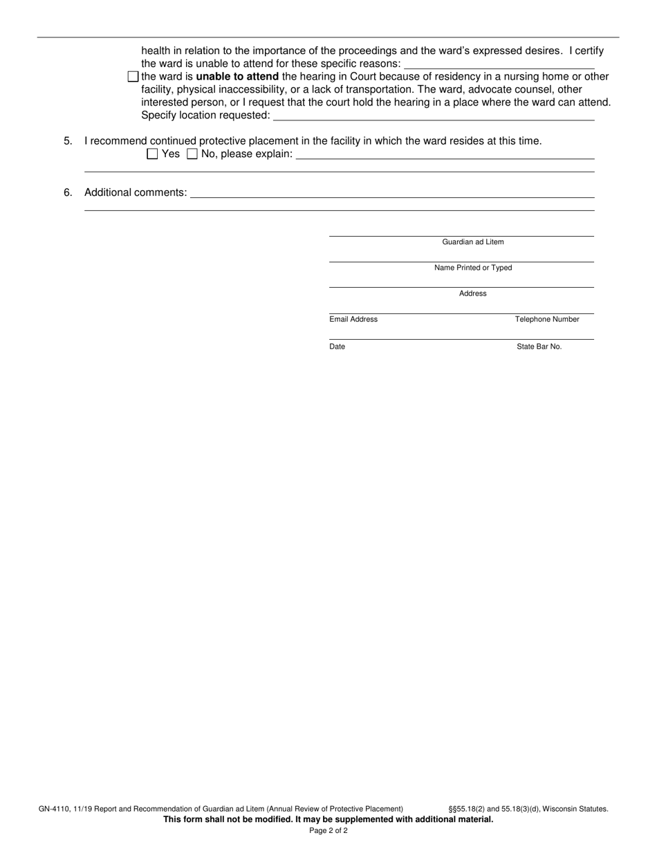 Form GN-4110 Report and Recommendation of Guardian Ad Litem (Annual Review) - Wisconsin, Page 2