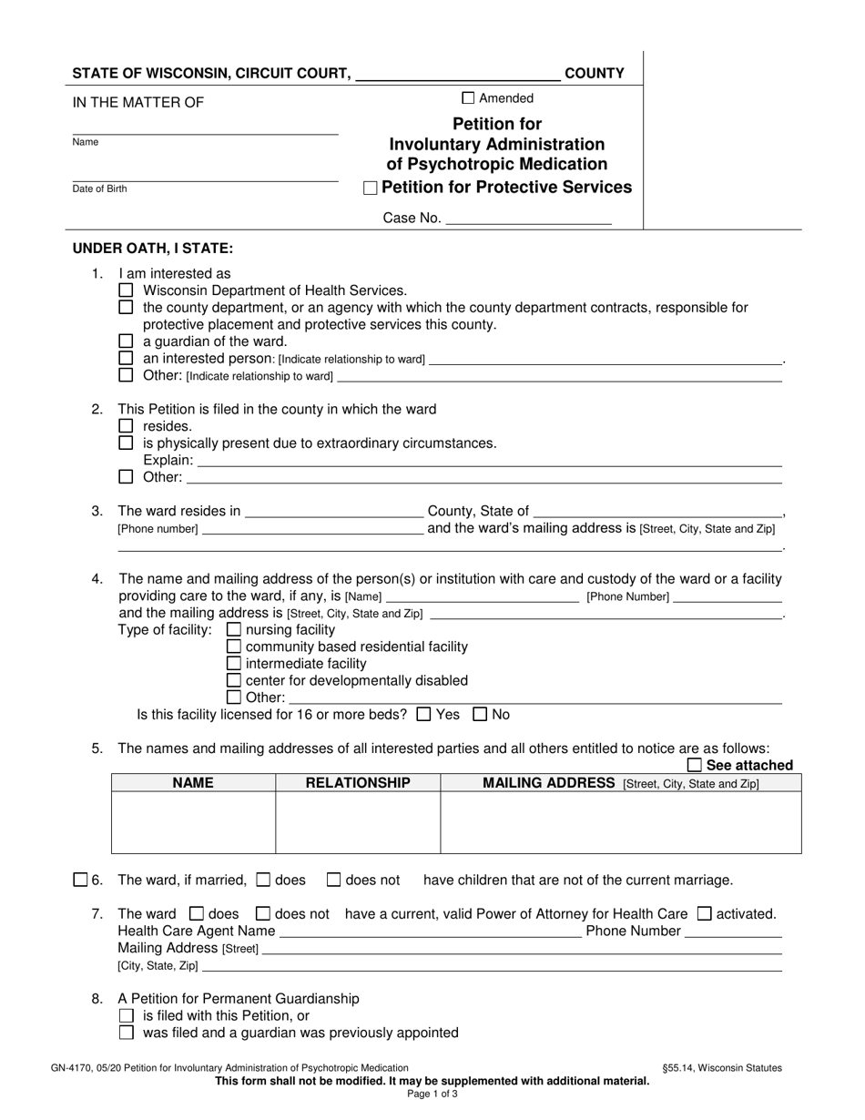 Form GN-4170 Petition for Involuntary Administration of Psychotropic Medication (With Petition for Protective Services) - Wisconsin, Page 1