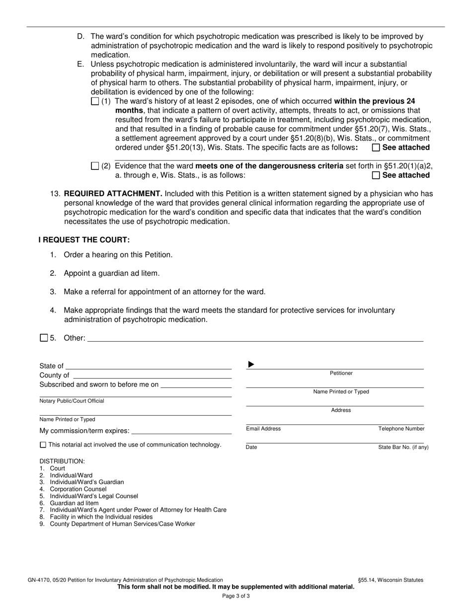 Form GN-4170 Petition for Involuntary Administration of Psychotropic Medication (With Petition for Protective Services) - Wisconsin, Page 3