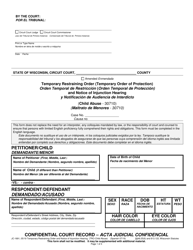 Form JC-1691 Temporary Restraining Order and Notice of Injunction Hearing (Child Abuse) - Wisconsin (English/Spanish)