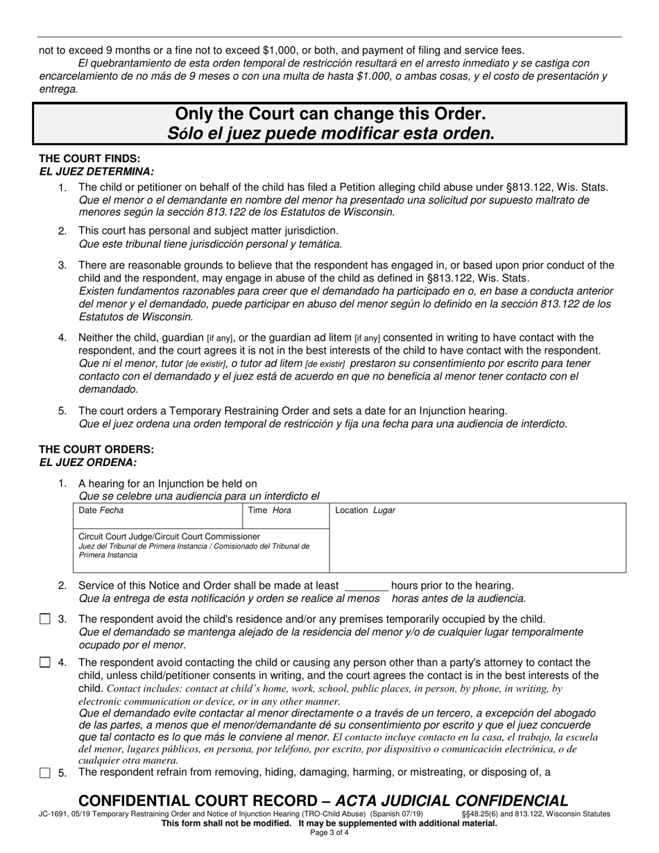 Form JC-1691 Temporary Restraining Order and Notice of Injunction Hearing (Child Abuse) - Wisconsin (English / Spanish), Page 3