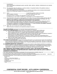 Form JC-1691 Temporary Restraining Order and Notice of Injunction Hearing (Child Abuse) - Wisconsin (English/Spanish), Page 4