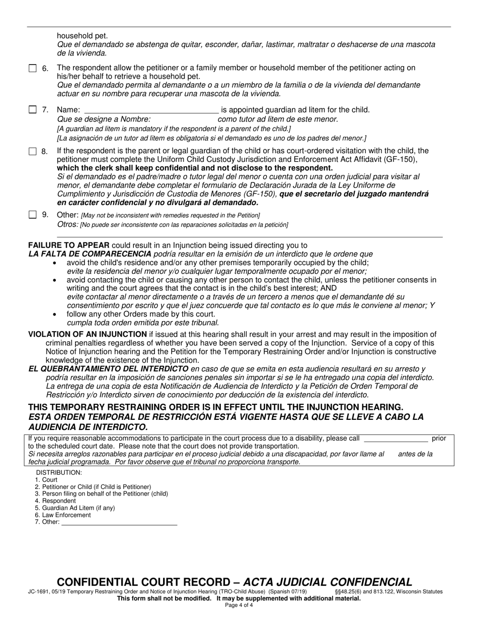 Form JC-1691 Temporary Restraining Order and Notice of Injunction Hearing (Child Abuse) - Wisconsin (English / Spanish), Page 4