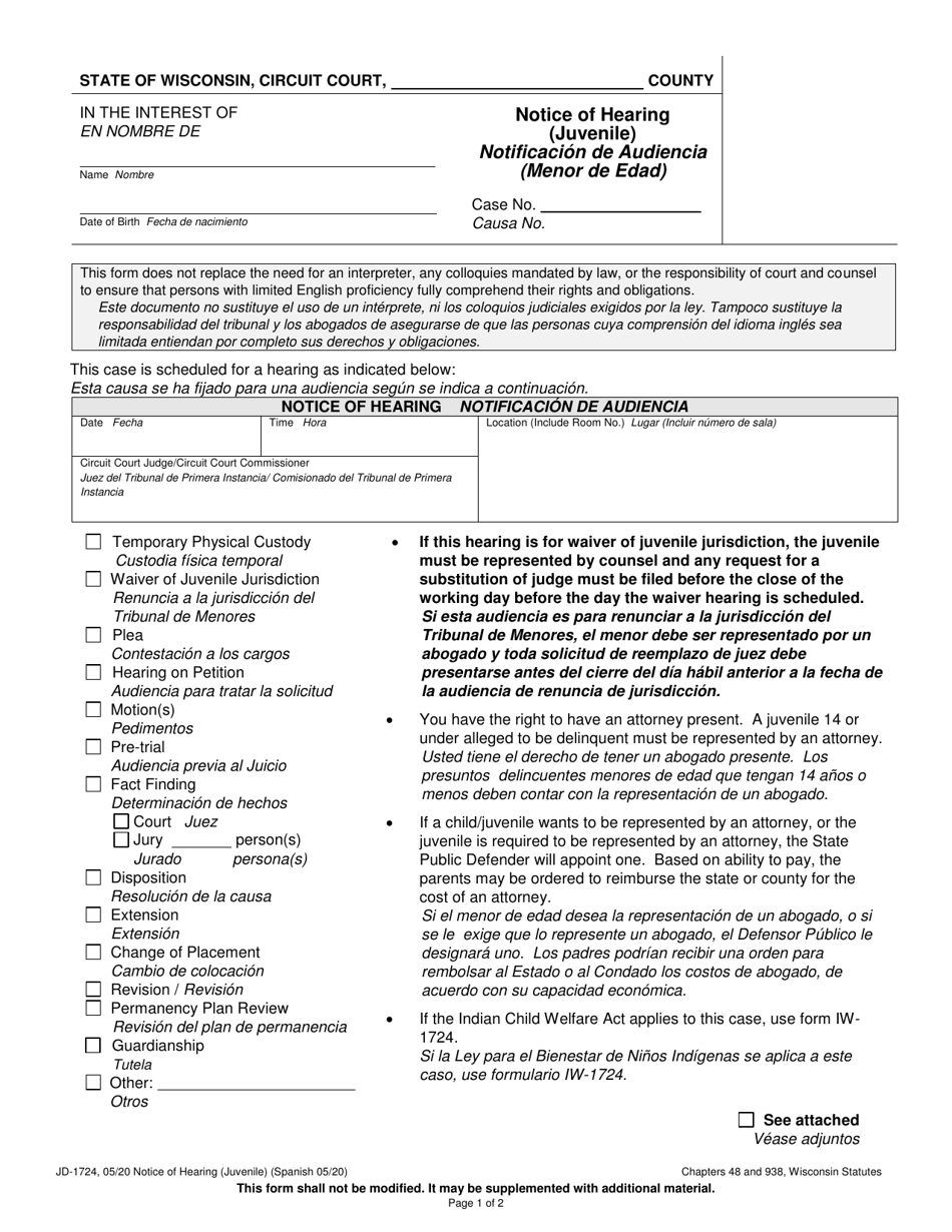 Form JD-1724 Notice of Hearing (Juvenile) - Wisconsin (English / Spanish), Page 1