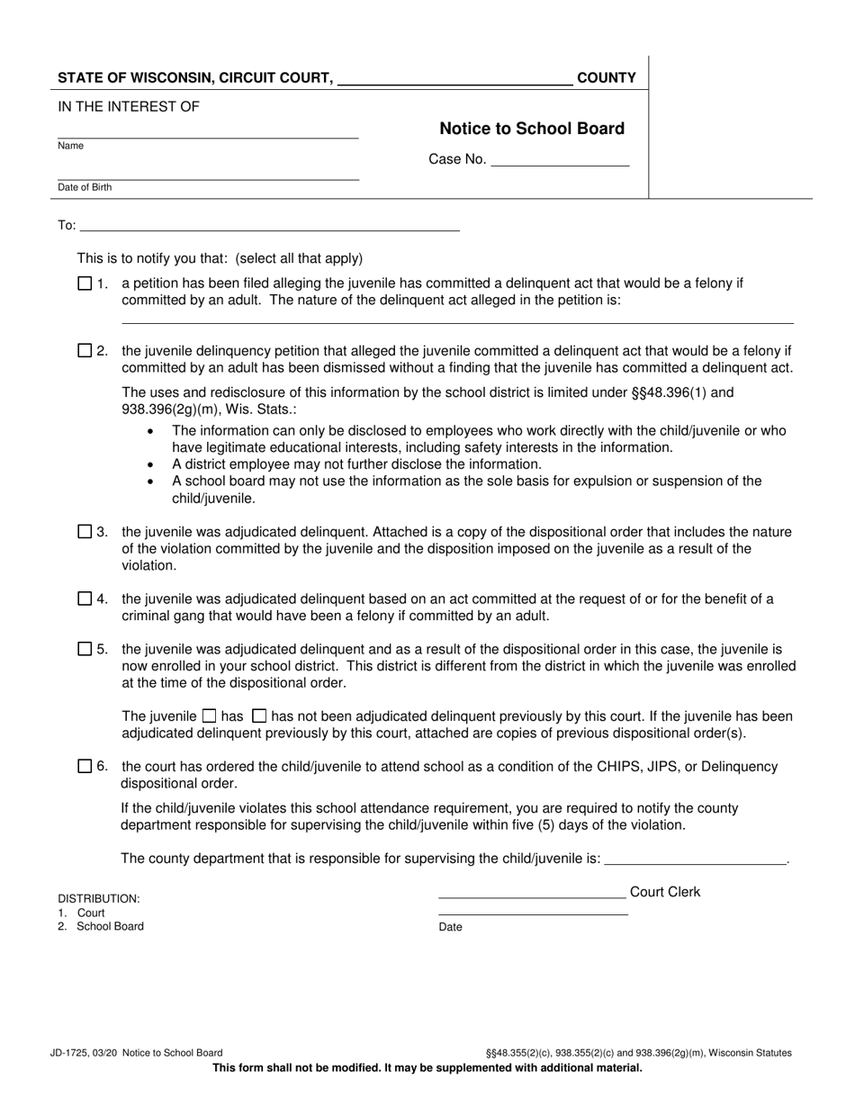 Form JD-1725 Notice to School Board - Wisconsin, Page 1