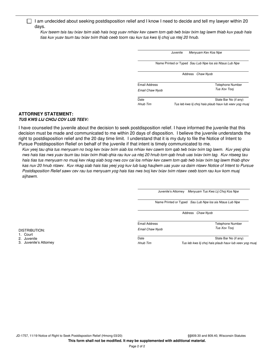 Form JD-1757 Notice of Right to Seek Post-judgment Relief - Wisconsin (English / Hmong), Page 2