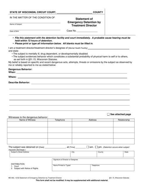 Form ME-902 Statement of Emergency Detention by Treatment Director - Wisconsin