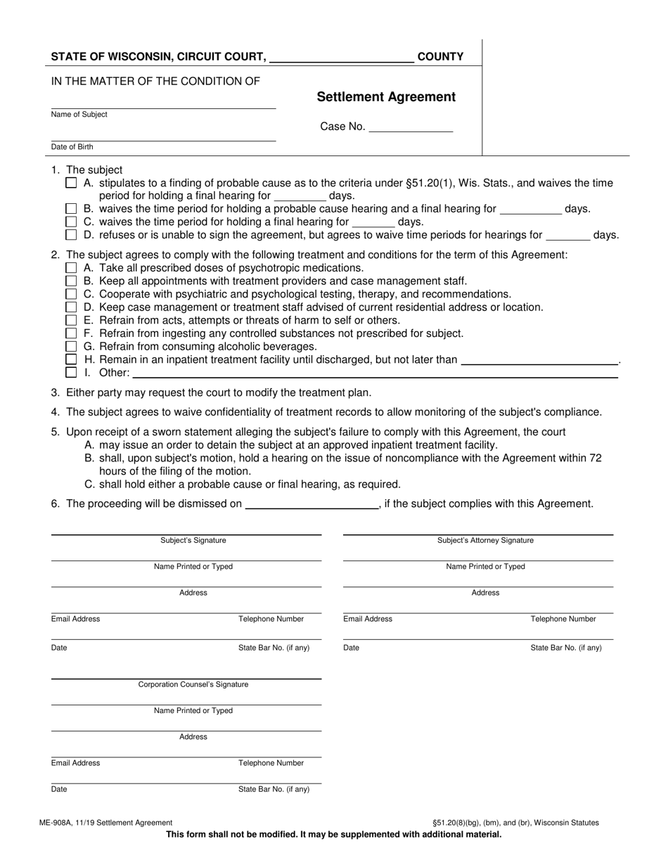 Form ME-908A Settlement Agreement - Wisconsin, Page 1