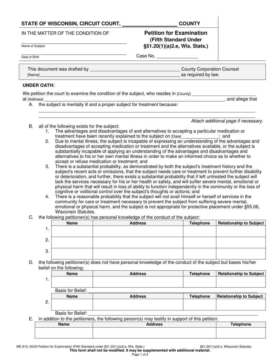 Form ME-913 Petition for Examination (Fifth Standard Under 51.20(1)(A)2.e, Wis. Stats.) - Wisconsin, Page 1