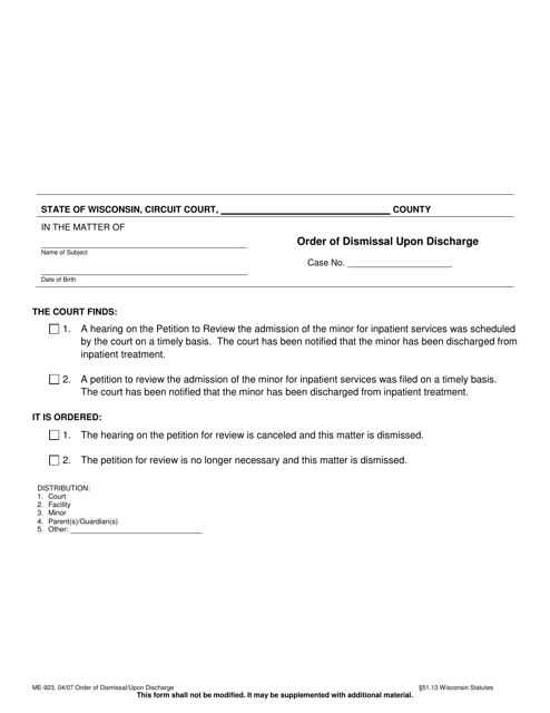 Form ME-923 Order of Dismissal Upon Discharge - Wisconsin