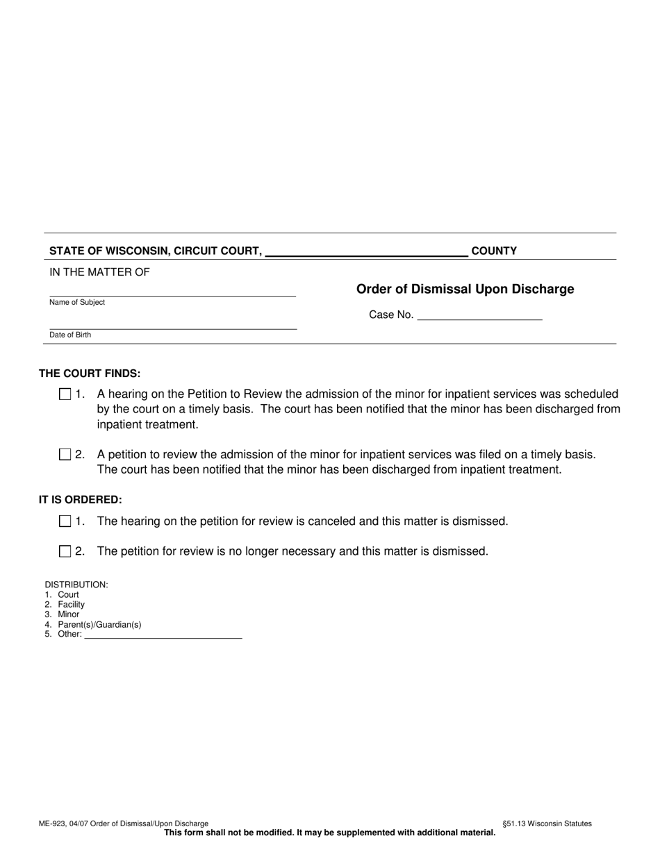 Form ME-923 Order of Dismissal Upon Discharge - Wisconsin, Page 1