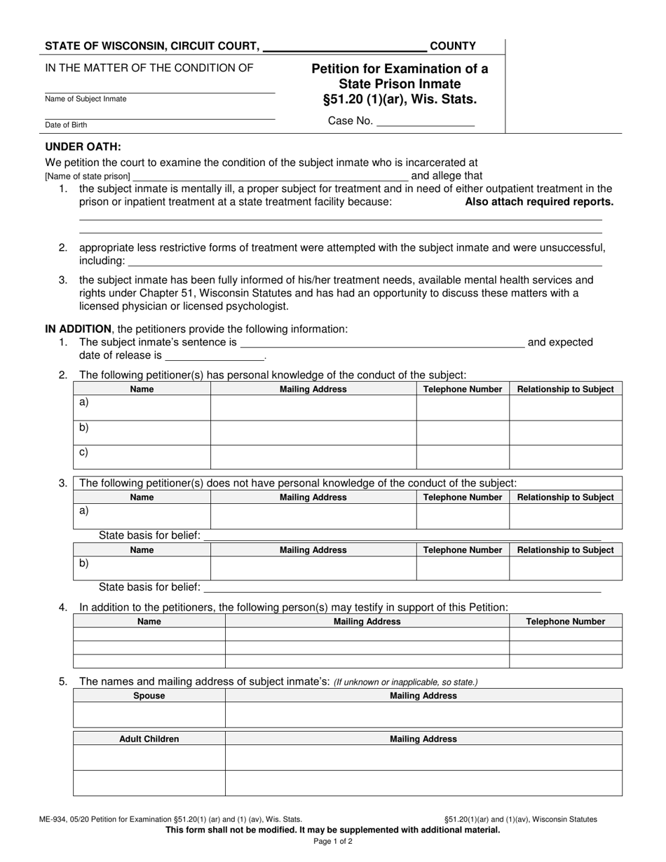 Form ME-934 Petition for Examination of a State Prison Inmate 51.20 (1)(Ar), Wis. Stats. - Wisconsin, Page 1