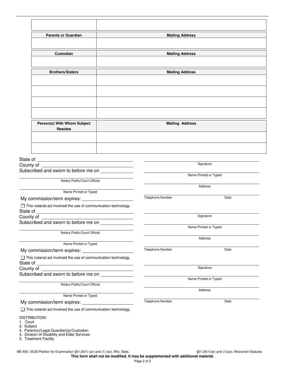 Form ME-934 Petition for Examination of a State Prison Inmate 51.20 (1)(Ar), Wis. Stats. - Wisconsin, Page 2