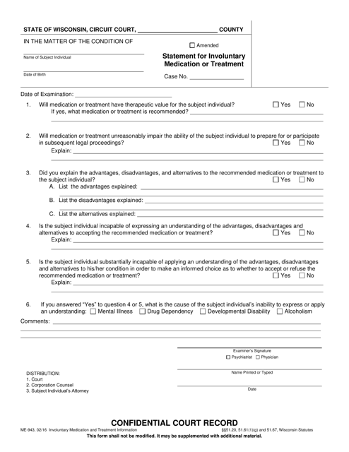 Form ME-943 Statement for Involuntary Medication or Treatment - Wisconsin