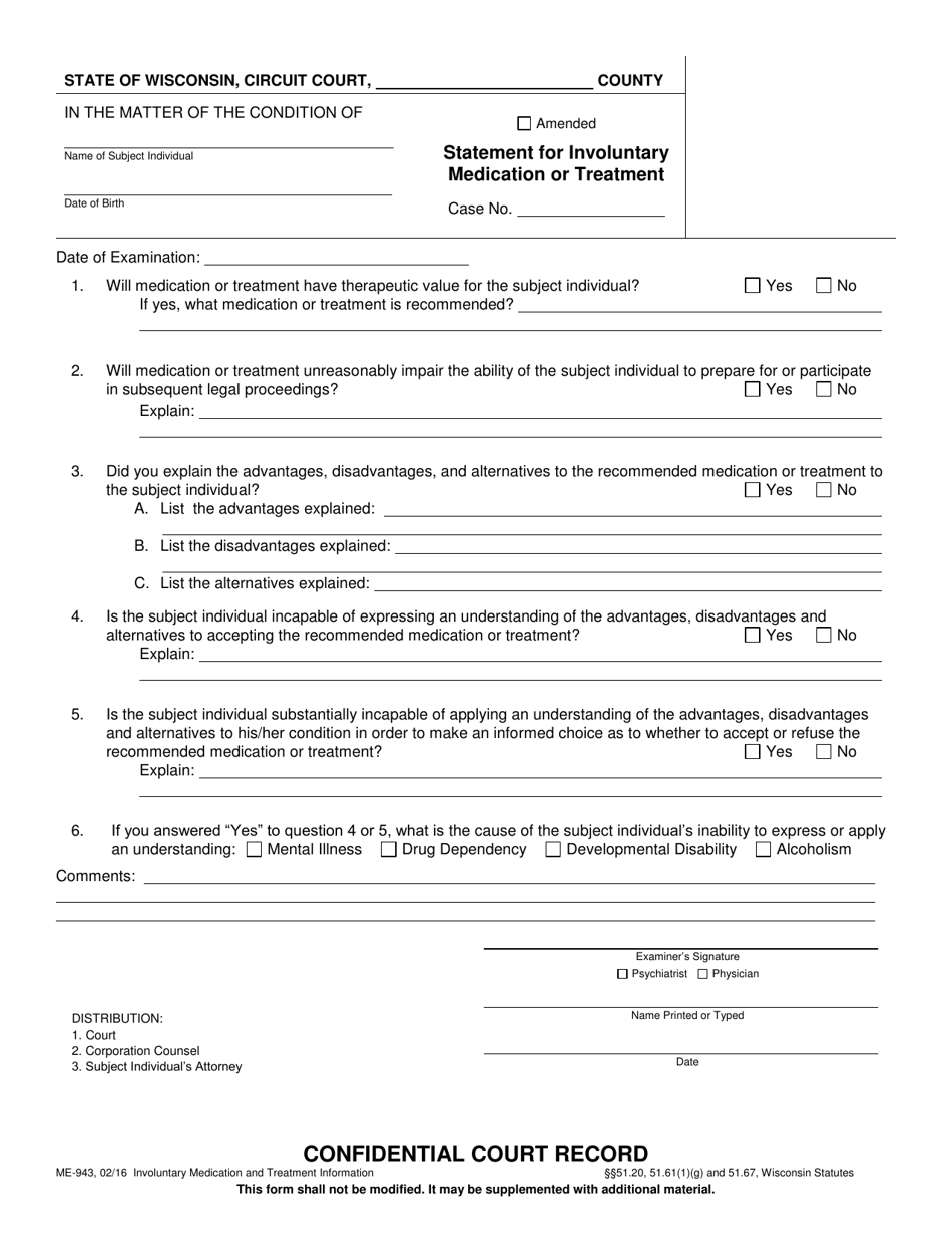 Form ME-943 Statement for Involuntary Medication or Treatment - Wisconsin, Page 1