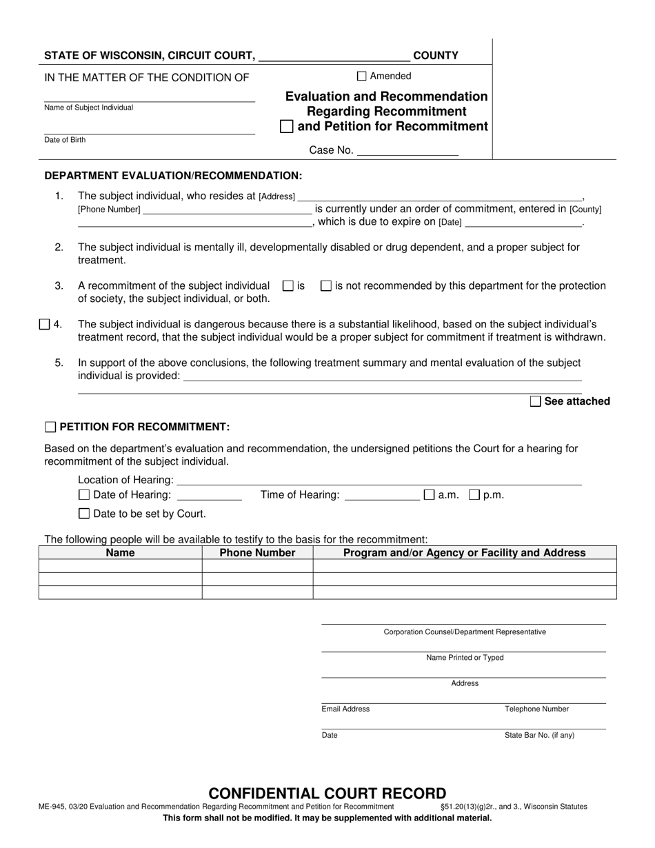 Form ME-945 Evaluation and Recommendation Regarding Commitment and Petition for Recommitment - Wisconsin, Page 1