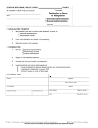 Document preview: Form PR-1802 Declination to Serve or Resignation (Informal and Formal Administration) - Wisconsin