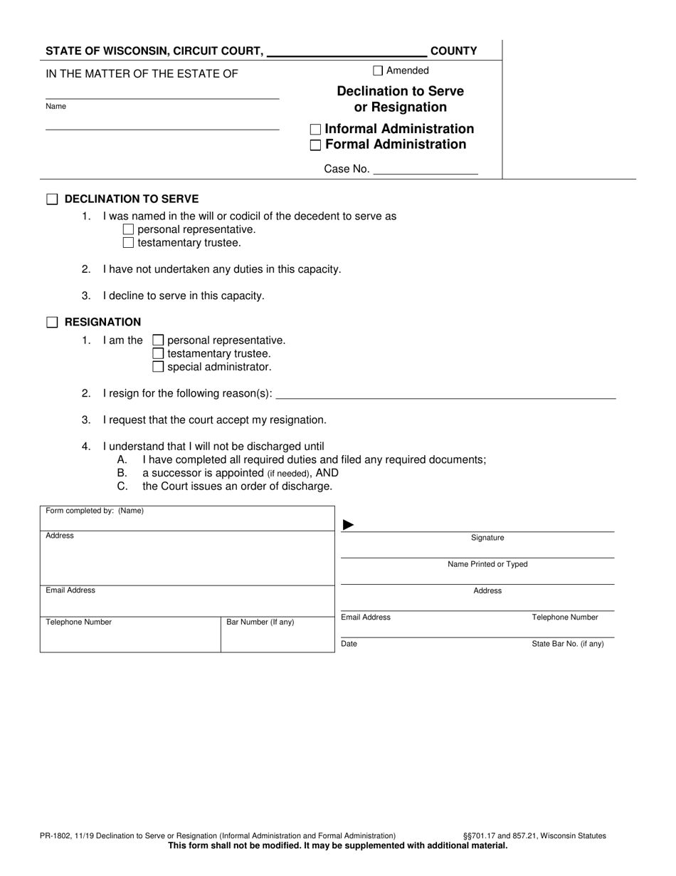 Form PR-1802 Declination to Serve or Resignation (Informal and Formal Administration) - Wisconsin, Page 1