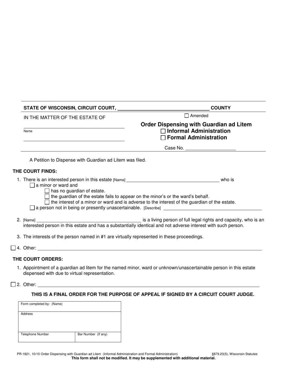 Form PR-1821 Order Dispensing With Guardian Ad Litem (Informal and Formal Administration) - Wisconsin, Page 1