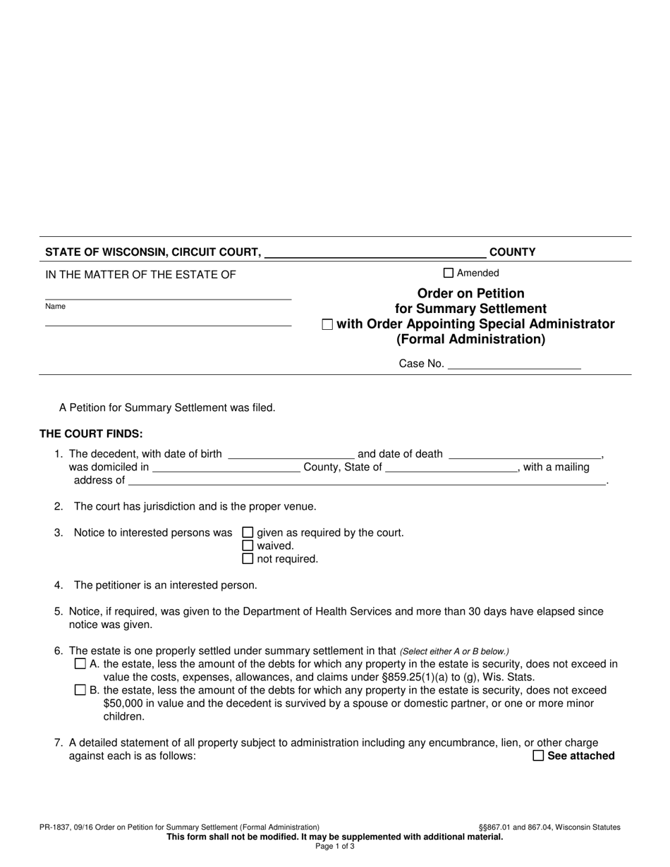 Form PR-1837 Order on Petition for Summary Settlement (Formal Administration) - Wisconsin, Page 1