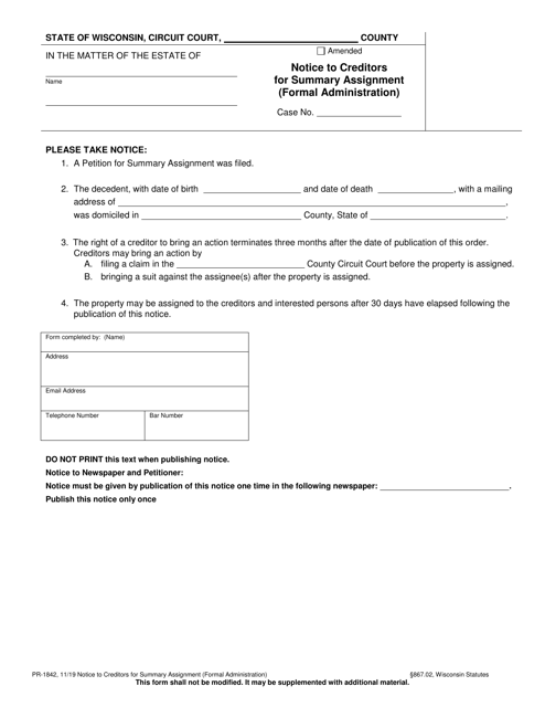 Form PR-1842 Notice to Creditors for Summary Assignment (Formal Administration) - Wisconsin