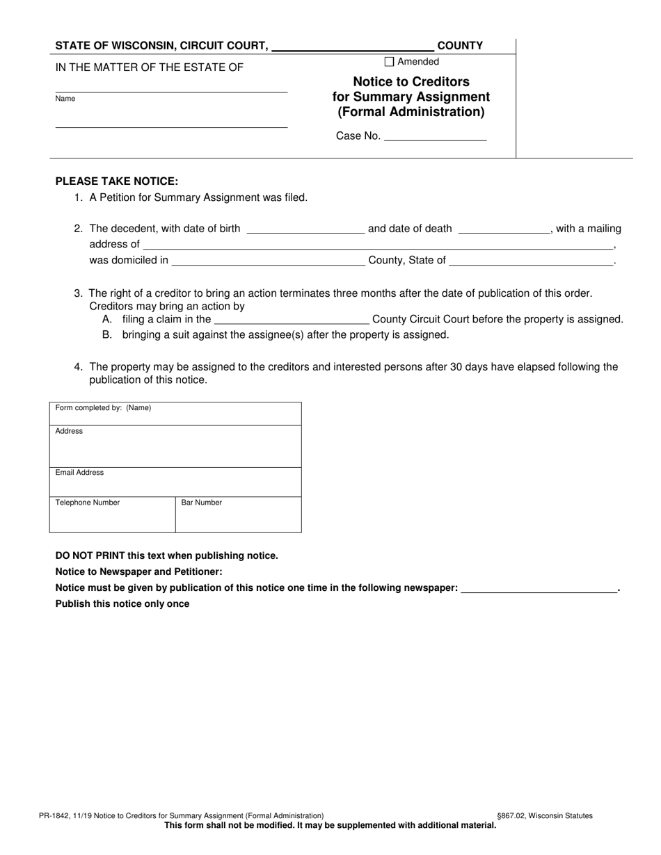 Form PR-1842 Notice to Creditors for Summary Assignment (Formal Administration) - Wisconsin, Page 1