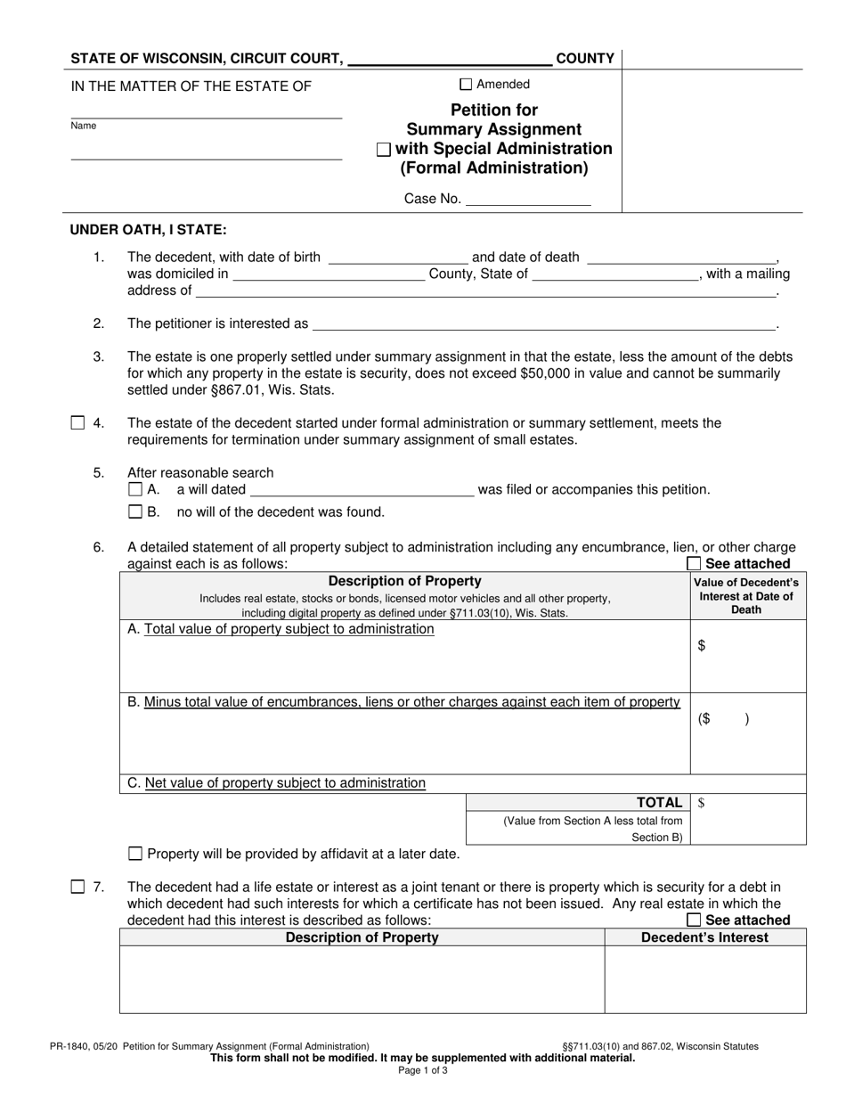 Form PR-1840 Petition for Summary Assignment (Formal Administration) - Wisconsin, Page 1