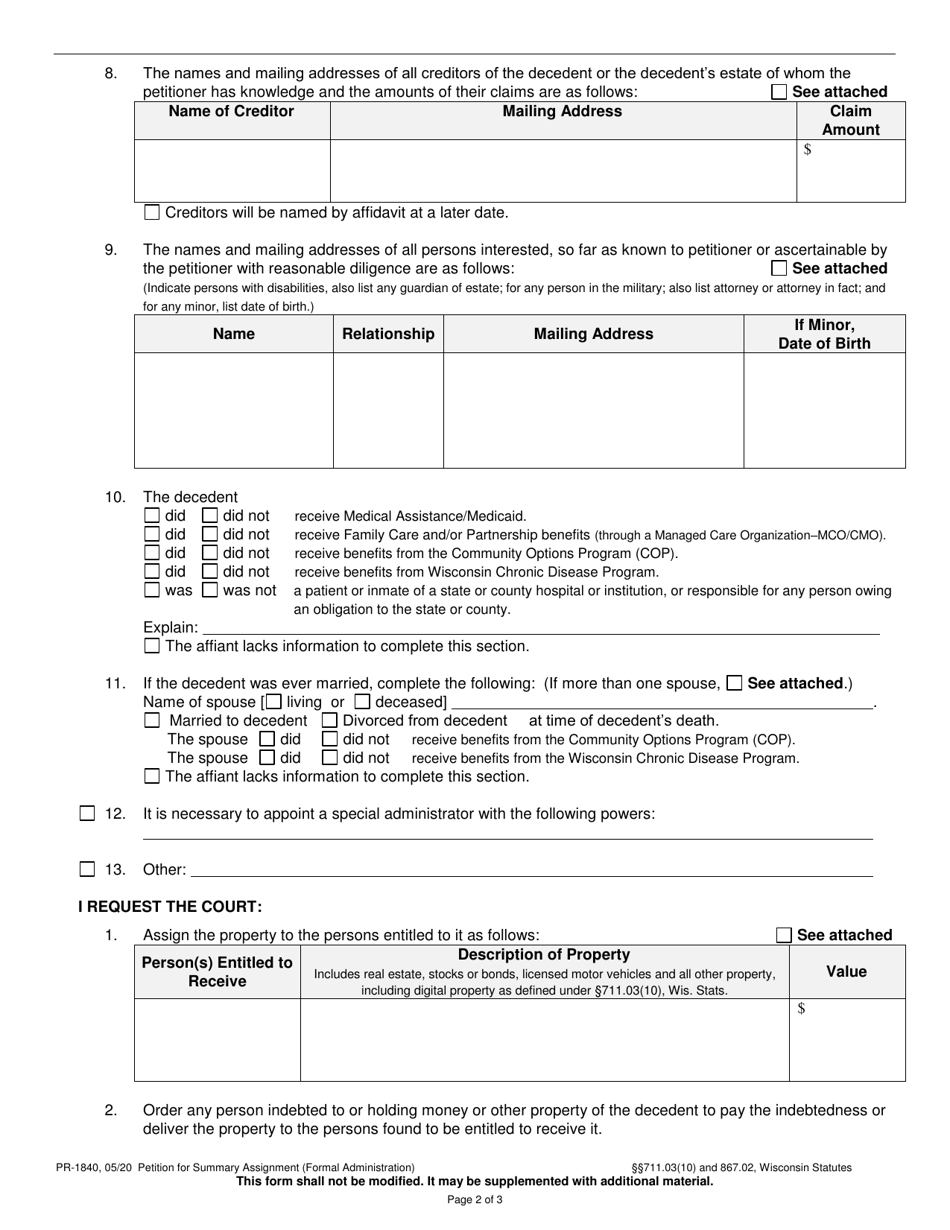 Form PR-1840 Petition for Summary Assignment (Formal Administration) - Wisconsin, Page 2