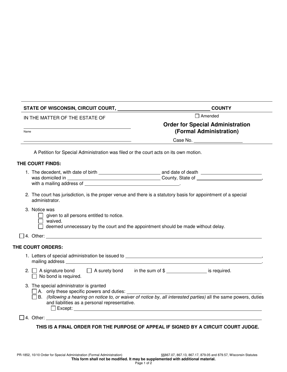 Form PR-1852 Order for Special Administration (Formal Administration) - Wisconsin, Page 1