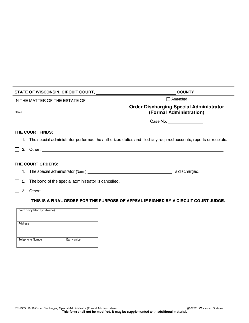 Form PR-1855 Order Discharging Special Administrator (Formal Administration) - Wisconsin, Page 1