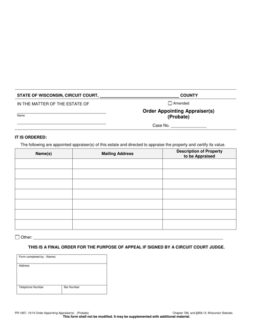 Form PR-1907 Order Appointing Appraiser(S) (Probate) - Wisconsin