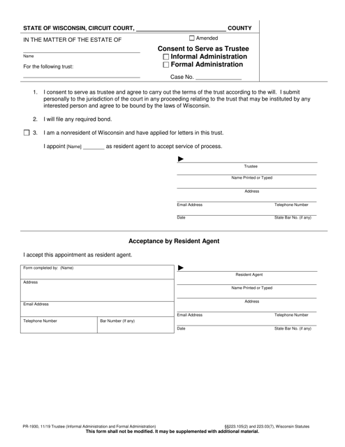 Form PR-1930 Consent to Serve as Trustee - Wisconsin