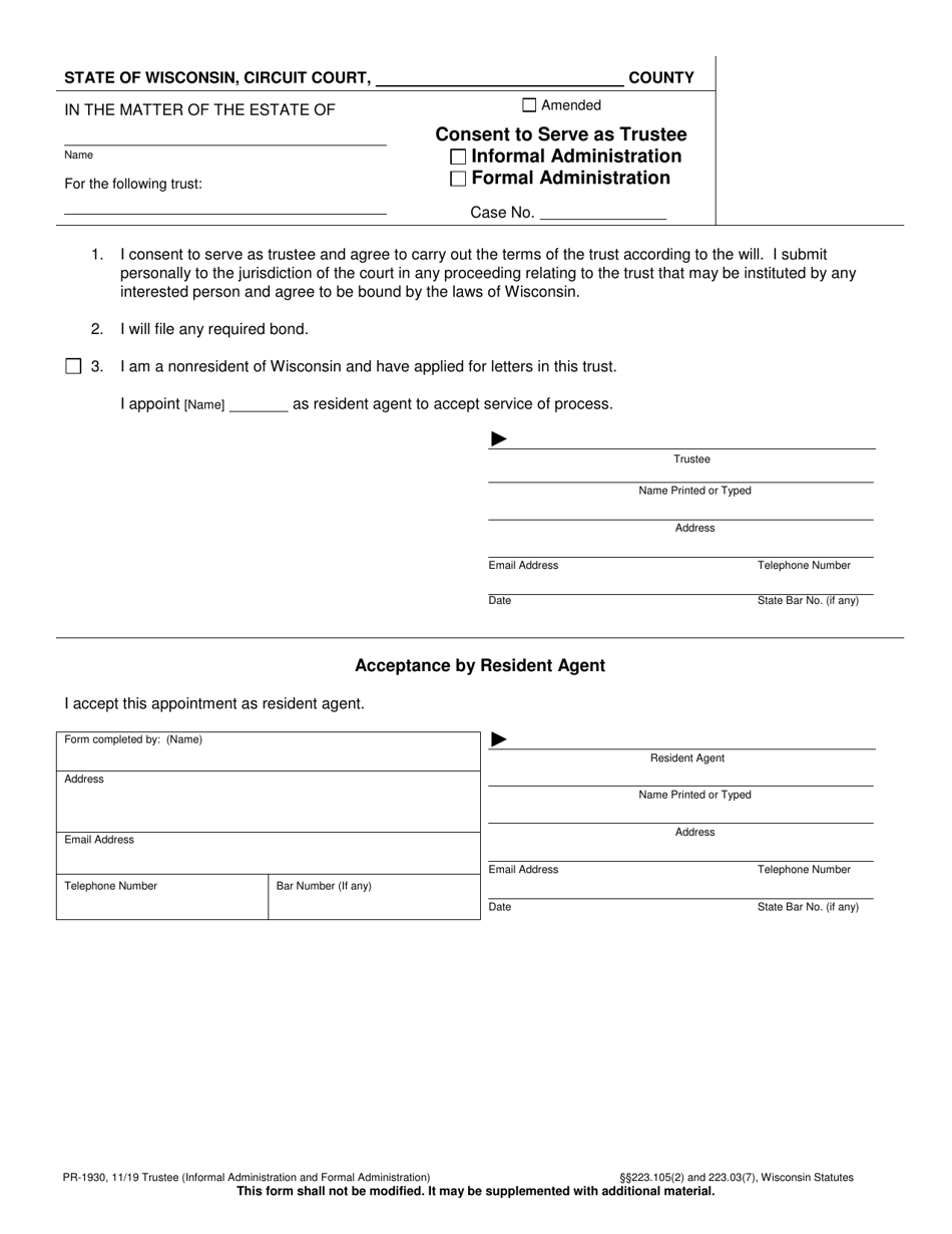 Form PR-1930 Consent to Serve as Trustee - Wisconsin, Page 1
