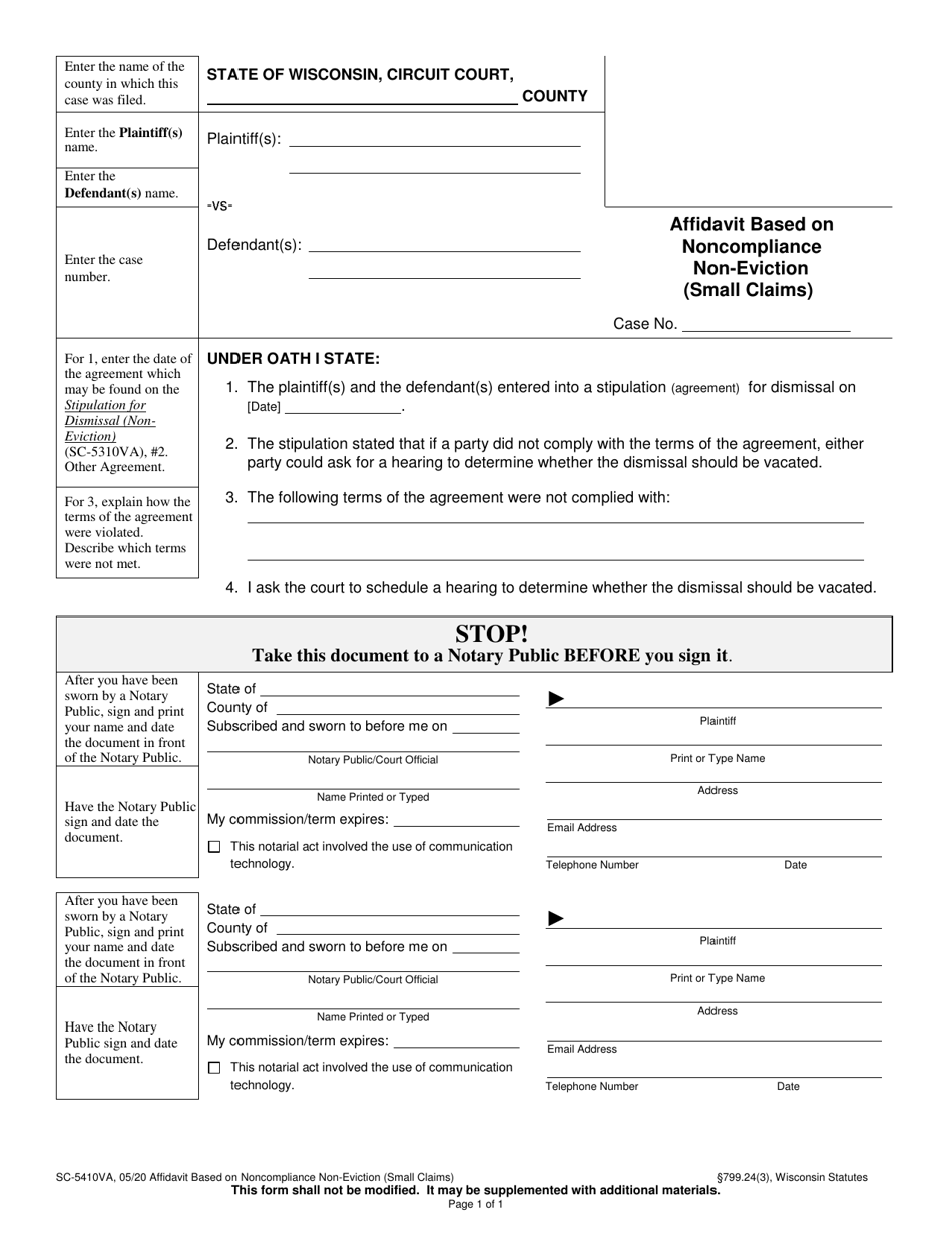 Form SC-5410VA Affidavit Based on Noncompliance Non-eviction (Small Claims) - Wisconsin, Page 1