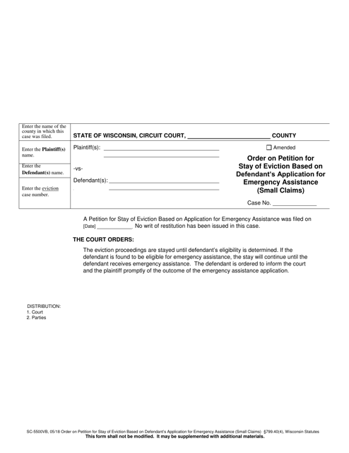 Form SC-5500VB Order on Petition for Stay of Eviction Based on Defendant's Application for Emergency Assistance (Small Claims) - Wisconsin