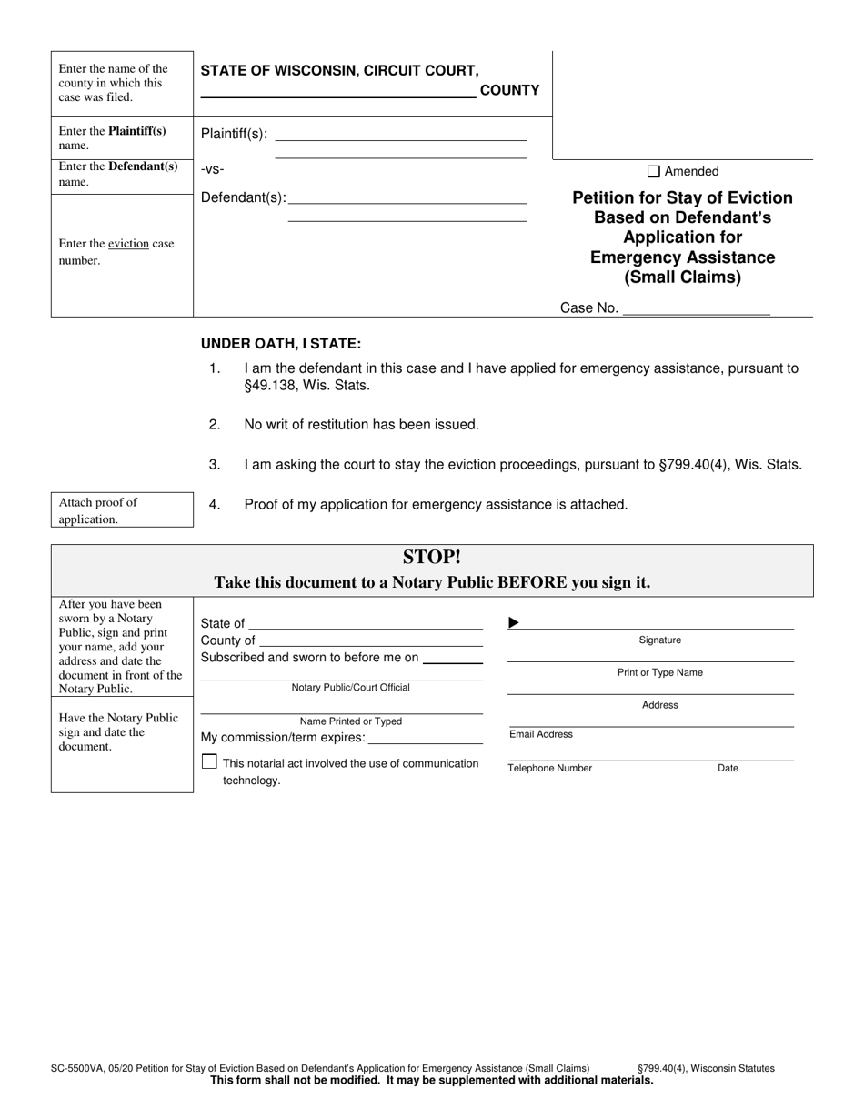 Form SC-5500VA Petition for Stay of Eviction Based on Defendants Application for Emergency Assistance (Small Claims) - Wisconsin, Page 1