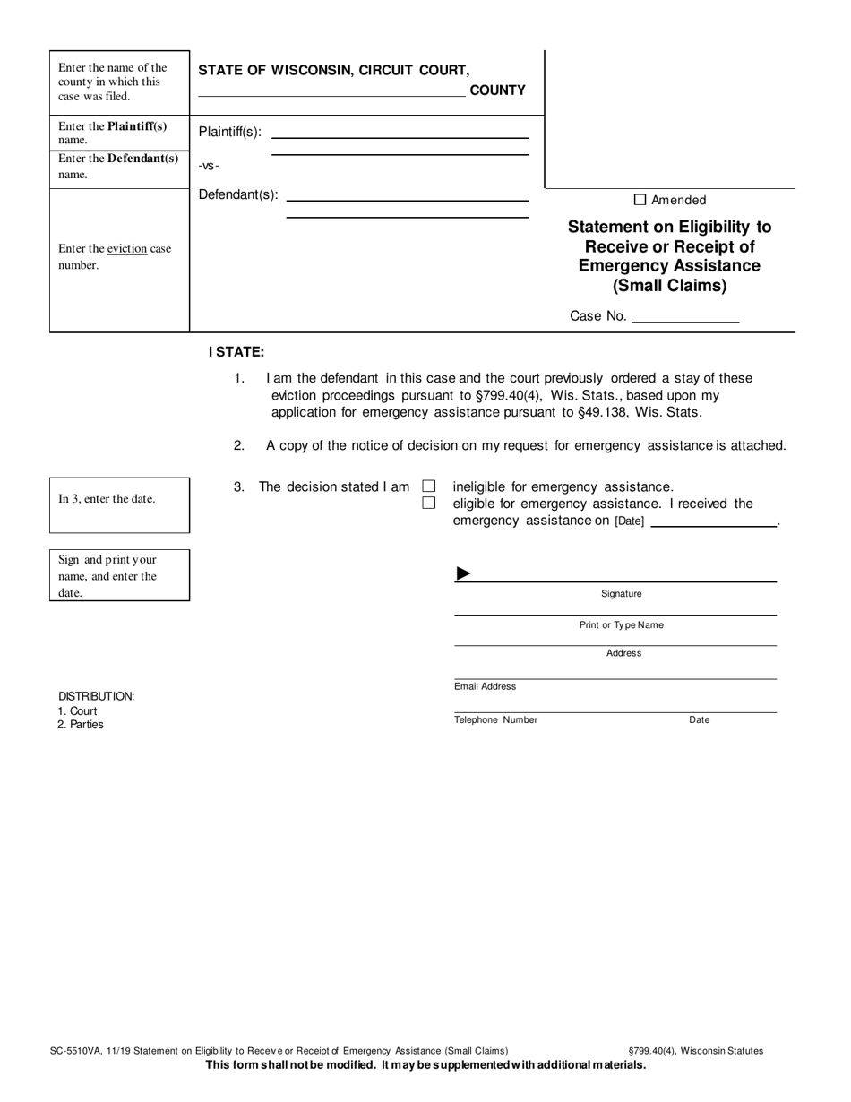 Form SC-5510VA Statement on Eligibility to Receive or Receipt of Emergency Assistance (Small Claims) - Wisconsin, Page 1