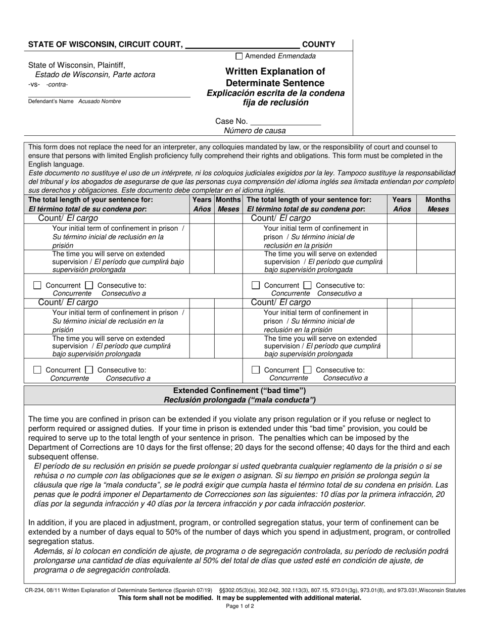 Form CR-234 Written Explanation of Determinate Sentence - Wisconsin (English / Spanish), Page 1