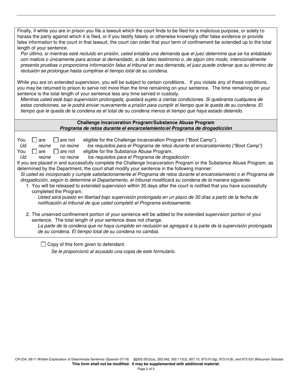 Form CR-234 Written Explanation of Determinate Sentence - Wisconsin (English / Spanish), Page 2