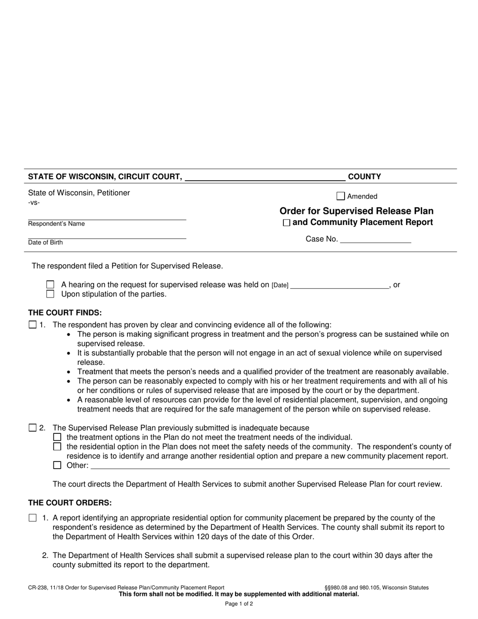 Form CR-238 Order for Supervised Release Plan or Community Placement Report - Wisconsin, Page 1