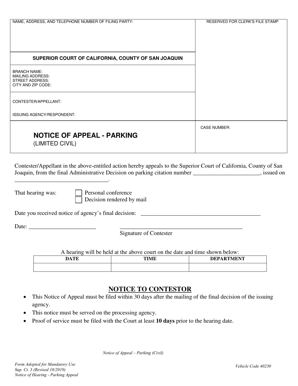 Form Sup. Ct.3 Notice of Appeal - Parking (Limited Civil) - County of San Joaquin, California, Page 1