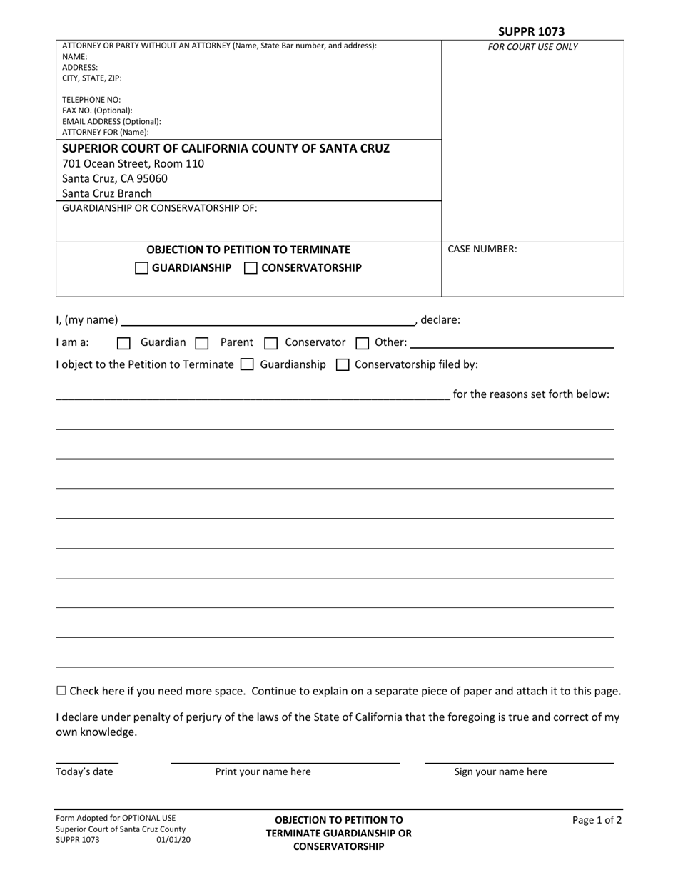 Form SUPPR1073 Objection to Petition to Terminate Guardianship or Conservatorship - Santa Cruz County, California, Page 1