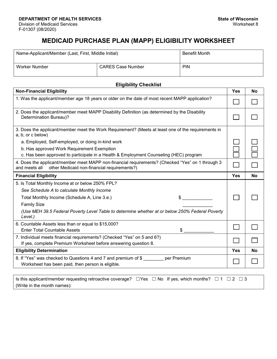 Form F-01307 Medicaid Purchase Plan (Mapp) Eligibility Worksheet - Wisconsin, Page 1