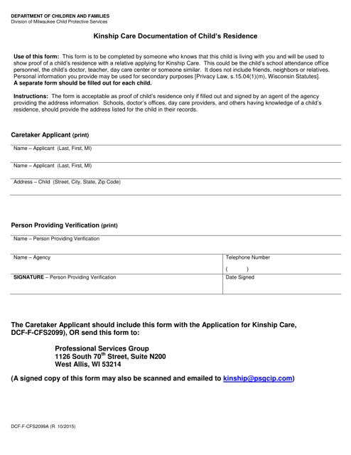 Form DCF-F-CFS2099A Kinship Care Documentation of Child's Residence - Wisconsin