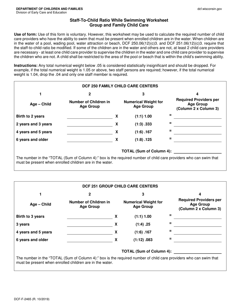 Form DCF-F-2465 Staff-To-Child Ratio While Swimming Worksheet Group and Family Child Care - Wisconsin, Page 1