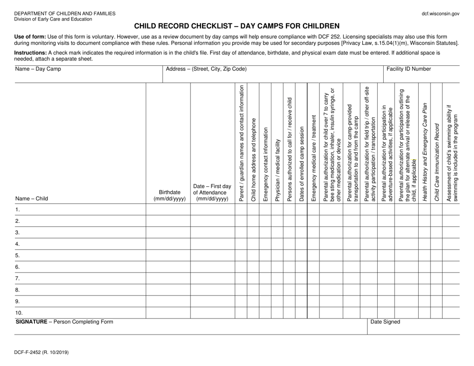 Form DCF-F-2452 Child Record Checklist - Day Camps for Children - Wisconsin, Page 1