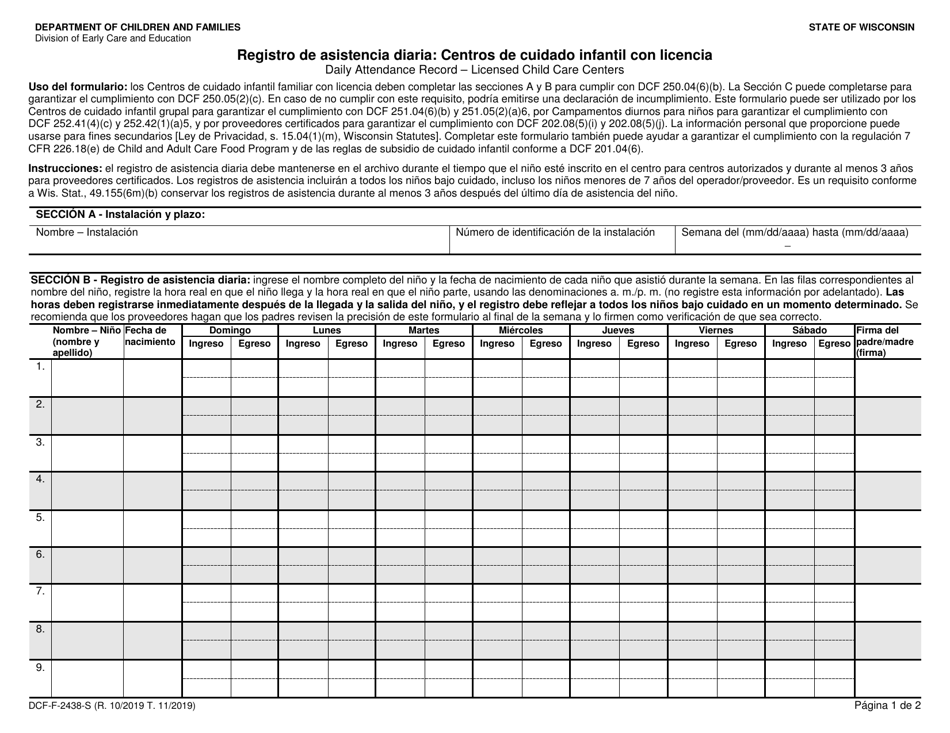 Formulario DCF-F-2438-S Registro De Asistencia Diaria: Centros De Cuidado Infantil Con Licencia - Wisconsin (Spanish), Page 1